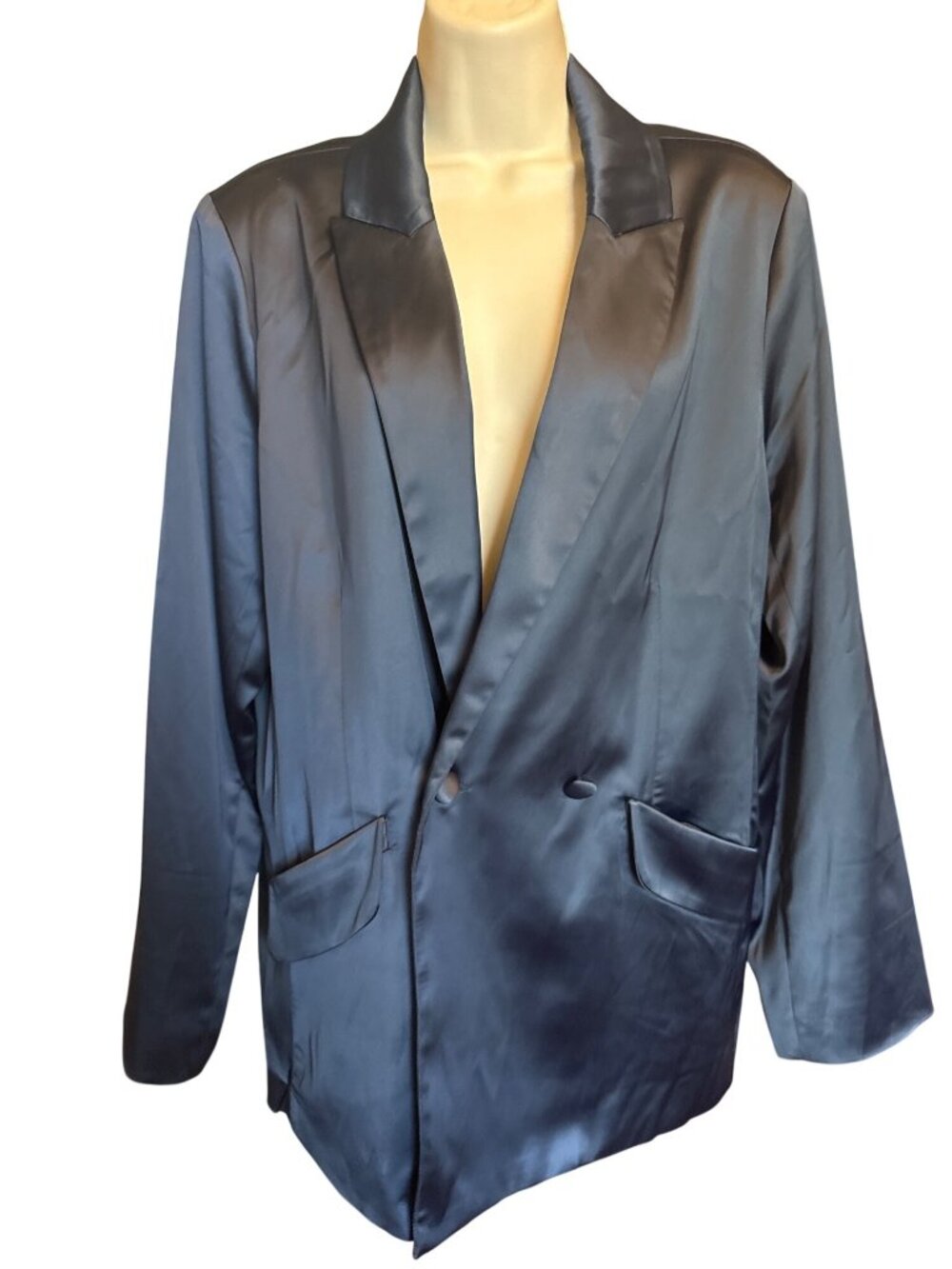 Democracy Midnight Blue Satin Blazer Jacket Size L Stretch Modern Chic Timeless - Picture 2 of 9
